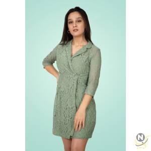 Lace Notched-Lapel Mini Dress Green
