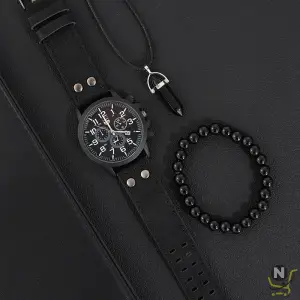 3PCS Set Fashion Mens Watches Men Necklace Bracelet Leather Quartz Watch Male Business Casual Wrist Watch Relogio Masculino