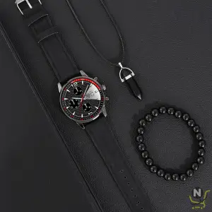 3PCS Set Fashion Mens Watches Men Necklace Bracelet Leather Quartz Watch Male Business Casual Wrist Watch Relogio Masculino
