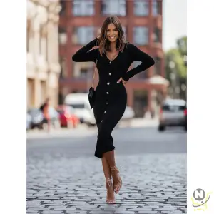 Autumn Fashion Women's Sexy Dress Simple Package Hips Solid Button Commuter Dress Winter Solid V-neck Elegant Dress For Party