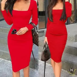 Elegant Womens Cold Shoulder Sexy Chic Red Cocktail Party Slim Fit Dresses Square Collar Long Sleeve Design Bodycon Midi Dress