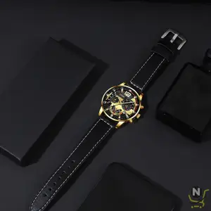 Mens Black Leather Quartz Watches Luxury Fashion Male Sport Wristwatch for Men Necklace Bracelet Relogio Masculino
