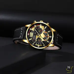Mens Black Leather Quartz Watches Luxury Fashion Male Sport Wristwatch for Men Necklace Bracelet Relogio Masculino