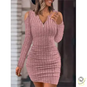 Women's Autumn Winter Long Sleeved New Solid Color Zipper V-neck Tight Fitting Buttock Wrap Sexy Long Sleeved Dress For Women