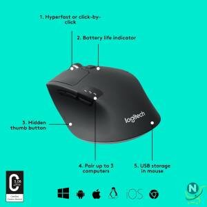 Logitech M720 Triathlon Wireless Mouse, Multi-Device, Bluetooth and 2.4 GHz with USB Unifying Receiver, 1000 DPI, 8-Buttons, 24-Month Battery Life, laptop/PC/Mac/iPad OS - Graphite Black