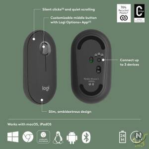 Logitech Pebble Mouse 2 M350s Slim Bluetooth Wireless Mouse, Portable, Customisable Button, Quiet Clicks, 4K DPI, 24-month battery, Easy-Switch for Windows, macOS, iPadOS, Android, Chrome OS -Graphite
