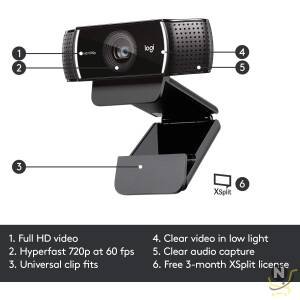 Logitech C922 Pro Stream Webcam, HD 1080p/30fps or HD 720p/60fps Hyperfast Streaming, Stereo Audio, HD light correction, Autofocus, For YouTube, Twitch, XSplit, PC/Mac/Laptop/Macbook/Tablet - Black
