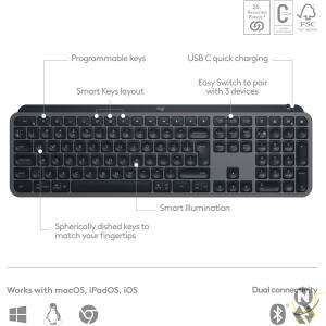 Logitech MX Keys S Wireless Keyboard, Low Profile, Fluid Precise Quiet Typing, Programmable Keys, Backlighting, Bluetooth, USB C Rechargeable, for Windows PC, Linux, Chrome, Mac - Graphite, INT Layout
