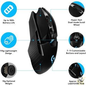 Logitech G903 LIGHTSPEED Wireless Gaming Mouse W/Hero 25K Sensor, PowerPlay Compatible, 140+ Hour with Rechargeable Battery and Lightsync RGB, Ambidextrous, 107G+10G optional, 25,600 DPI, Black