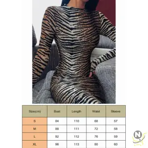 Combhasaki Sexy Midi Dress Women's Tiger Print Evening Party Club wear High Neck Long Sleeve Slim Stretchy Bodycon Dresses