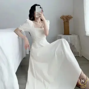 Bubble Sleeves Square Neck Light Mature Wind Dress Female White Skirt Korean Waist Thin Temperament Knee-Length Dress Summer