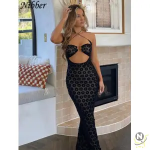 Nibber Solid Color Hanging Neck Maxi Dress Sexy Hollow Women Perspective Bag Hips Robe Female Street Trendy Dresses Clothing