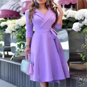 V-neck fashion tie waist cinching mid sleeved dress, fashionable trend, versatile and practical to wear dresses