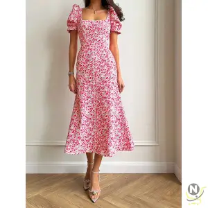 New Fashion Womens Summer Midi Dress Casual Short Puff Sleeve Floral Print A-Line Dress Elegant Flowy Dress Hot Sale S M L
