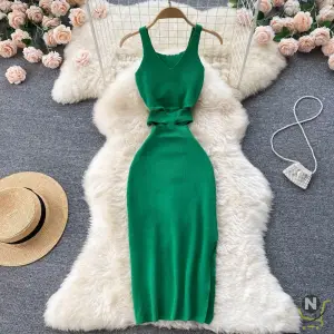 YuooMuoo Women Dress Sexy Cut Out Waist Package Hips Split Bodycon Dress Summer Fashion Lady Knitted Party Vestidos Sundress