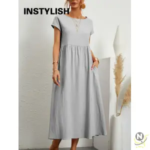 Vintage Solid Midi Dress Casual Short Sleeve Cotton and Linen Harajuku Oversized Long Dress Women Summer Y2K Maxi Sundress 2023
