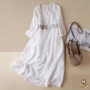 Loose Fit Summer Dress Ethnic Style Embroidered Midi Dress with High Waist Double Layers for Women Spring Summer A-line Dress