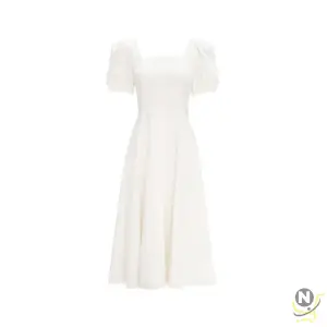 Bubble Sleeves Square Neck Light Mature Wind Dress Female White Skirt Korean Waist Thin Temperament Knee-Length Dress Summer