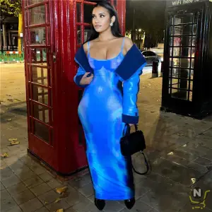 030 Spaghetti Strap Long Backless Slim Dresses Blue Printed Maxi Dress Women Party Night Club Outfits