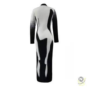 Women Elastic Bodycon Party Color Block Body Print Dress Sexy Mock Neck Long Sleeve Female Black White Vestidos Maxi Dress