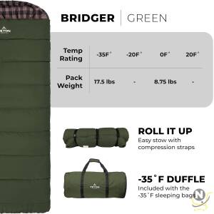 Bridger Sleeping Bag, Long, 35F, Right Zip, Green and Rose  Nsmah Sporting Goods