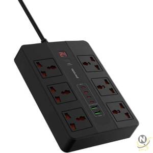 Porodo 6 Socket Power Extension Cord,  6 AC With 2 USB-A 24W & 4 USB-C PD 36W Multi-Port Super Hub 3 Meter Long 3000W UK 3 Pin Plug - Black