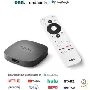 ONN TV Box Streaming Device Android TV Resolution 4K 2160p Ultra HD Voice Remote Control Google Chromecast Integrated TV Stick 8GB High Speed HDMI Cable Included 100026240