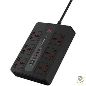 Porodo 6 Socket Power Extension Cord,  6 AC With 2 USB-A 24W & 4 USB-C PD 36W Multi-Port Super Hub 3 Meter Long 3000W UK 3 Pin Plug - Black