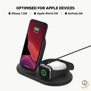 Belkin 3 in 1 Wireless Charging Station,  7.5W Wireless Charger for iPhone,  Apple Watch and AirPods,  Wireless Charging Dock,  iPhone Charging Dock,  iPhone 15,  14,  13,  Apple Watch series 9,  8,  7 - Black