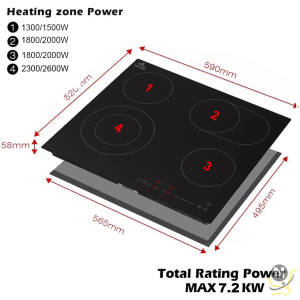 evvoli Ceramic Hob with Touch Pannel Controls, 4 cooking zones, 60 cm, Black, EVBI-CH604B