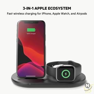 Belkin 3 in 1 Wireless Charging Station,  7.5W Wireless Charger for iPhone,  Apple Watch and AirPods,  Wireless Charging Dock,  iPhone Charging Dock,  iPhone 15,  14,  13,  Apple Watch series 9,  8,  7 - Black