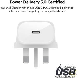 Belkin 30W USB C Wall Charger with USB-C to Lightning Cable,  PPS,  PowerDelivery,  USB-IF Certified PD 3.0 Fast Charging for iPhone 14/14 Plus,  Pro,  Pro Max,  and More