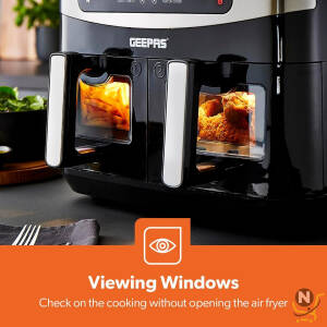 Geepas 9L Dual Basket Air Fryer with Vortex - Family-Sized 10-in-1 Digital Convection LED Touchscreen, 60 Minutes Timer &