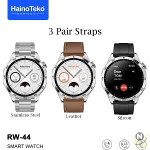 Haino Teko Germany RW44 Round Screen AMOLED Display Smart Watch With 3 Pair Straps and Wireless Charger For Gents and Boys Silver