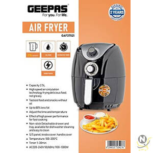 Geepas 2.5L Capacity Air fryer |1300W Air Fryer With Rapid Air Circulation System|Black"Min-1 year manufacturer