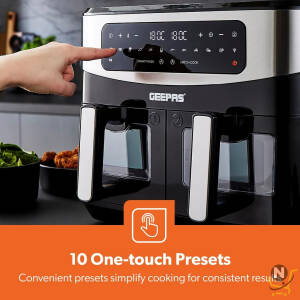 Geepas 9L Dual Basket Air Fryer with Vortex - Family-Sized 10-in-1 Digital Convection LED Touchscreen, 60 Minutes Timer &