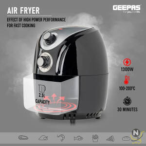 Geepas 2.5L Capacity Air fryer |1300W Air Fryer With Rapid Air Circulation System|Black"Min-1 year manufacturer