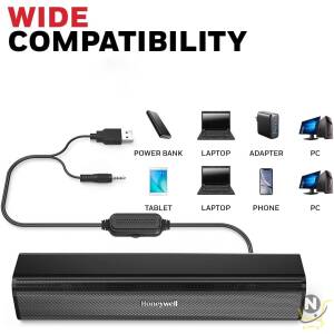 Honeywell Moxie V500 10W Portable USB Wired Soundbar,  Speaker for PC,  Desktop and Laptop with Volume Control and 3.5 mm AUX,  2.0 Channel,  52mmX2 Drivers,  Plug &Play,  2 Years Warranty,  Gloss Finish