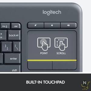 Logitech K400 Plus Wireless Livingroom Keyboard with Touchpad for Home Theatre PC Connected to TV,  Customizable Multi-Media Keys,  Windows,  Android,  Laptop/Tablet,  Arabic Keyboard - Black