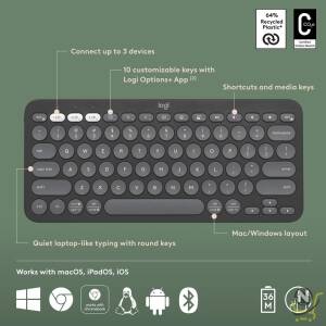 Logitech Pebble Keys 2 K380s,  Multi-Device Bluetooth Wireless Keyboard with Customisable Shortcuts,  Slim and Portable,  Easy-Switch for Windows,  macOS,  iPadOS,  Android,  Chrome OS,  ARA Layout - Graphite