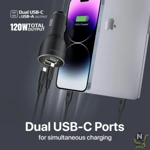 Promate iPhone 15 and Laptop Car Charger,  120W Heavy Duty USB-C Car Adapter,  Dual 100W/20W USB Type-C Ports,  18W QC 3.0 USB Port,  Surge Protection for iPhone 13/14,  Galaxy,  PowerDrive-120
