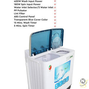 Nobel 6.0KG Wash /4.5KG Spin Capacity Twin Tub Washing Machine, 400W Wash Power, Air Drying, IPX4 Waterproof Grade, Transparent