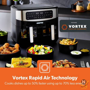 Geepas 9L Dual Basket Air Fryer with Vortex - Family-Sized 10-in-1 Digital Convection LED Touchscreen, 60 Minutes Timer &