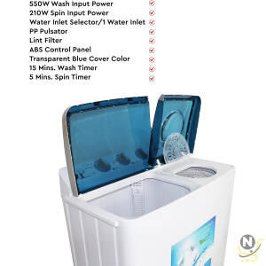 Nobel 6.0KG Wash /4.5KG Spin Capacity Twin Tub Washing Machine, 400W Wash Power, Air Drying, IPX4 Waterproof Grade, Transparent