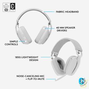 Logitech Zone Vibe 100 Lightweight Wireless Over-Ear Headphones with Noise-Cancelling Microphone,  Advanced Multipoint Bluetooth Headset,  Works with Teams,  Google Meet,  Zoom,  Mac/PC - Off White