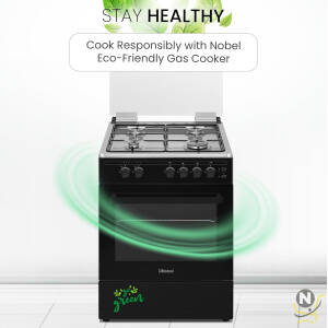 Nobel 60 x 55 Gas Cooker, 4 Gas Burner, Gas Oven & Gas Grill, 6 Knob, Manual Button Ignition, Glass Lid, 59.8 x 56.7 x 86 cm,