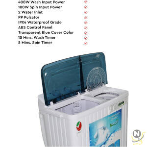 Nobel 6.0KG Wash /4.5KG Spin Capacity Twin Tub Washing Machine, 400W Wash Power, Air Drying, IPX4 Waterproof Grade, Transparent