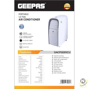 GEEPAS Portable Air Conditioner, Remote Control, GACP1216CU, |24hrs Timer, Digital Display Cooler with 0.4L Water Tank |1 Year