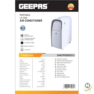 GEEPAS Portable Air Conditioner, Remote Control, GACP1216CU, |24hrs Timer, Digital Display Cooler with 0.4L Water Tank |1 Year