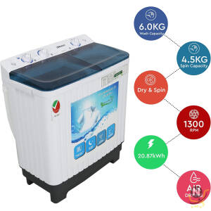 Nobel 6.0KG Wash /4.5KG Spin Capacity Twin Tub Washing Machine, 400W Wash Power, Air Drying, IPX4 Waterproof Grade, Transparent